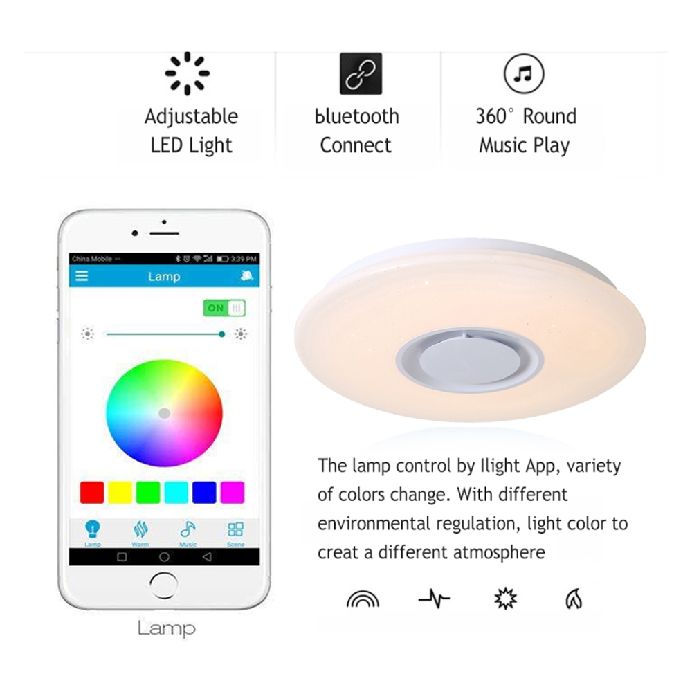 60W RGB LED Ceiling Light bluetooth Music Speaker Lamp Remote APP Control AC220V - White 60W