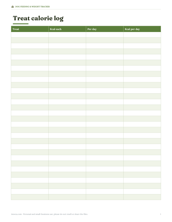 Preview of Printable Treat Calorie Log